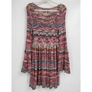 Free People Pandora Pointelle Sz L Bell Sleeve SOFT Knit Sweater Mini Dress Boho
